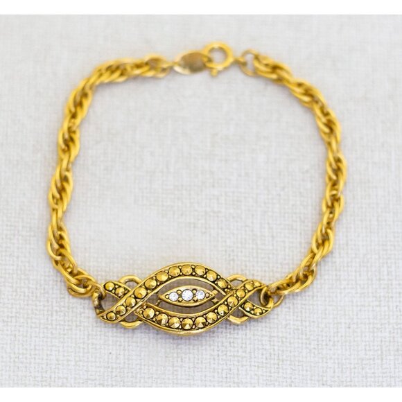 7 1/2 inch, Vintage Gold Tone Victorian Rhinestone Bracelet by Avon - A26 - Picture 1 of 3